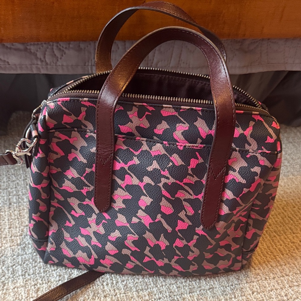 Leather-Trim Pink Camo Satchel